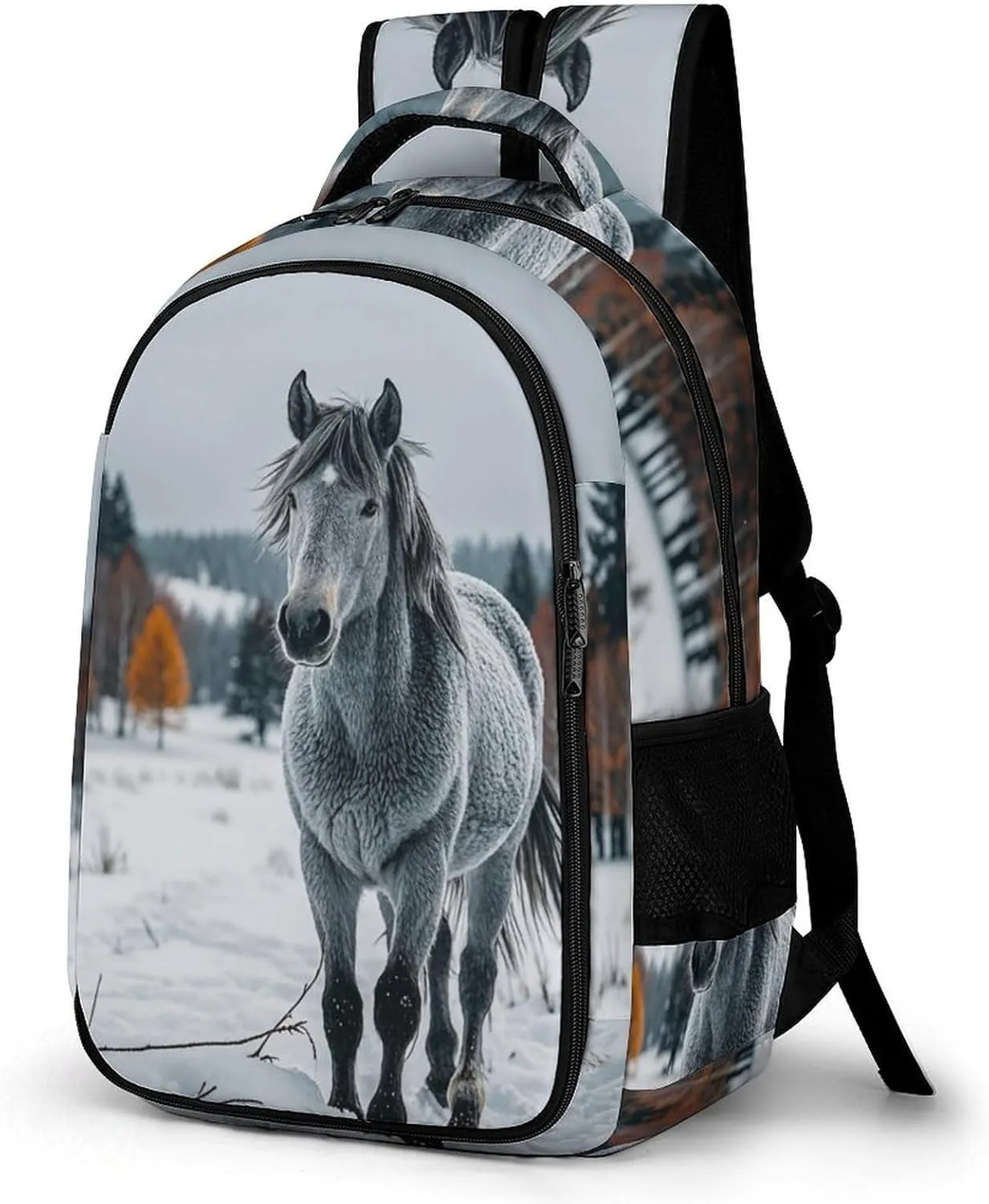 Travel Backpack for Men Women Casual Daypack Gray Horse in Winter Landscape Snowy Wilderness Laptop Backpack Computer Bag Lightweight Shoulder Bag