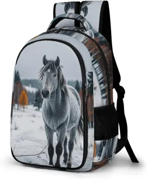 Travel Backpack for Men Women Casual Daypack Gray Horse in Winter Landscape Snowy Wilderness Laptop Backpack Computer Bag Lightweight Shoulder Bag