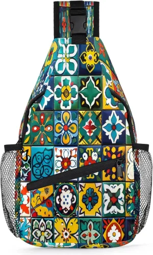 TropicalLife Vintage Mexican Talavera Ceramic Tile Sling Backpack Crossbody Shoulder Bag Water Resistant Small Daypacks Chest Bag for Women Men Unisex Hiking Travel Workout