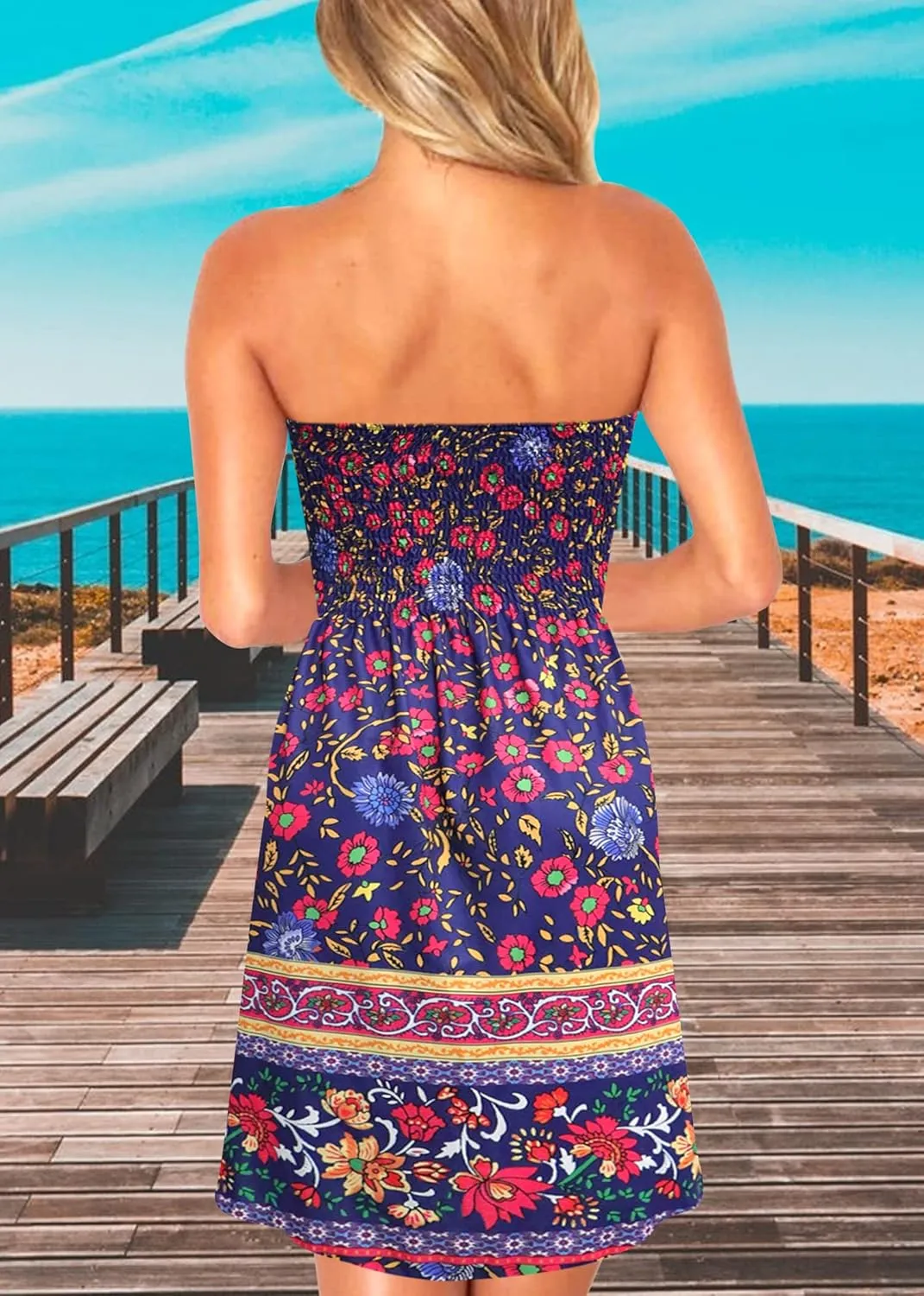 Tube Top Dress Boho Floral Beach Smocked Sundress Strapless Dress for Women Summer
