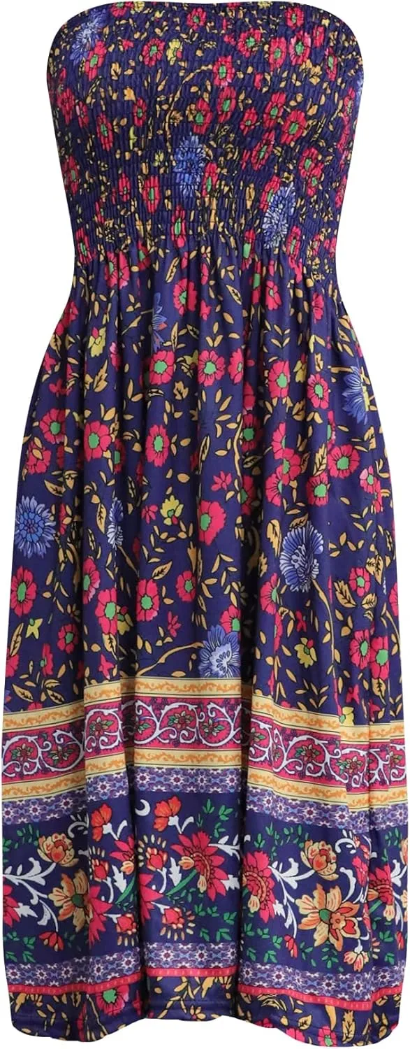 Tube Top Dress Boho Floral Beach Smocked Sundress Strapless Dress for Women Summer