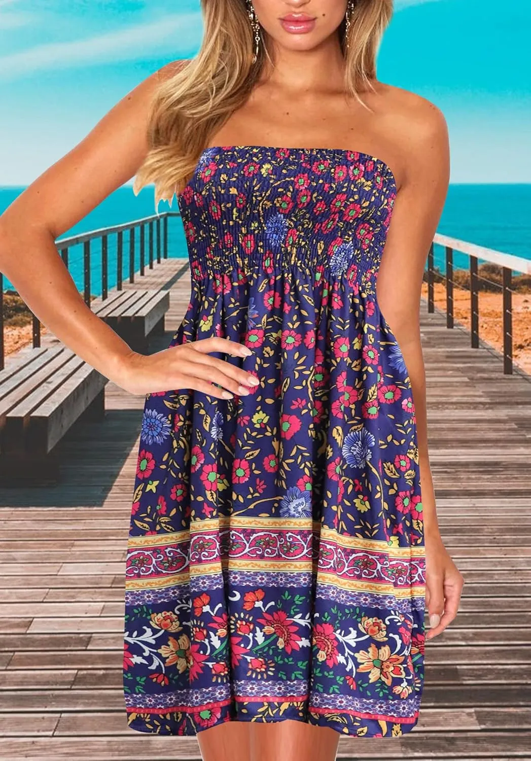 Tube Top Dress Boho Floral Beach Smocked Sundress Strapless Dress for Women Summer