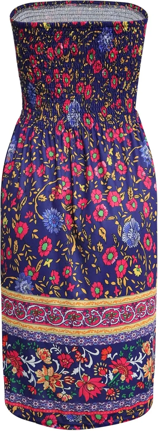 Tube Top Dress Boho Floral Beach Smocked Sundress Strapless Dress for Women Summer