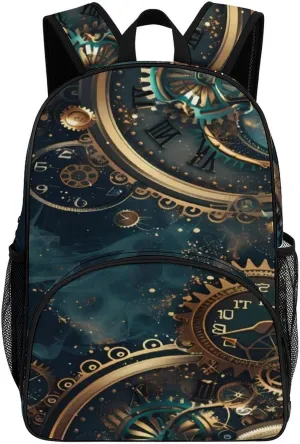 Two Steampunk Clocks with Gears Backpack Print Laptop Bag Shoulder Bags Travel Casual Daypacks For Women Men