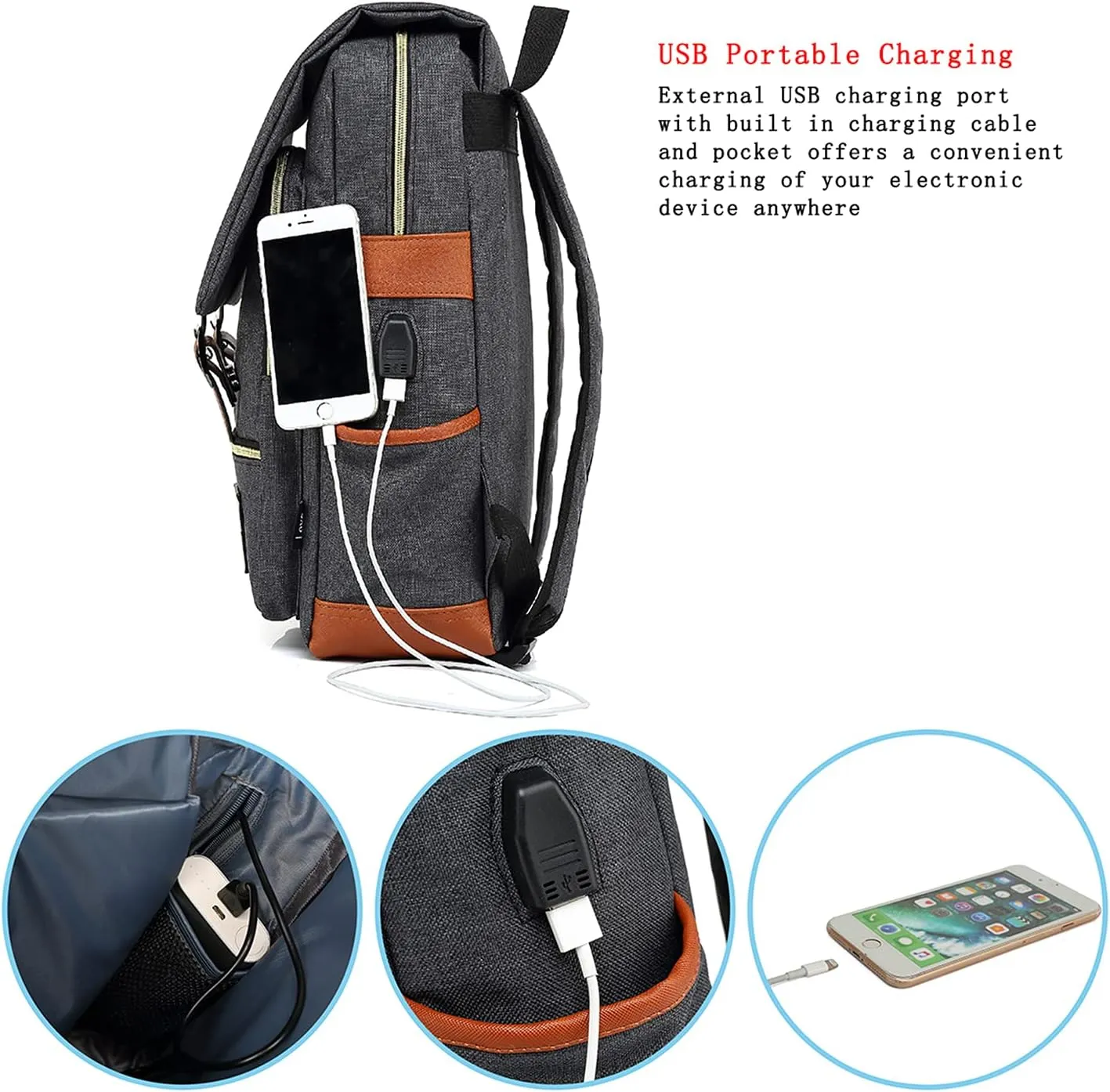 UGRACE Vintage Laptop Backpack with USB Charging Port, Elegant Water Resistant Travelling Casual Daypacks College Shoulder Bag for Men Women, Fits up to 15.6Inch Laptop in Black