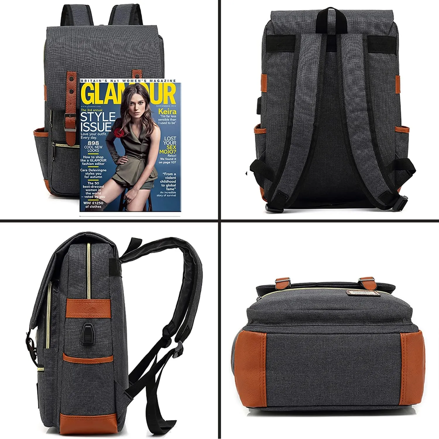 UGRACE Vintage Laptop Backpack with USB Charging Port, Elegant Water Resistant Travelling Casual Daypacks College Shoulder Bag for Men Women, Fits up to 15.6Inch Laptop in Black