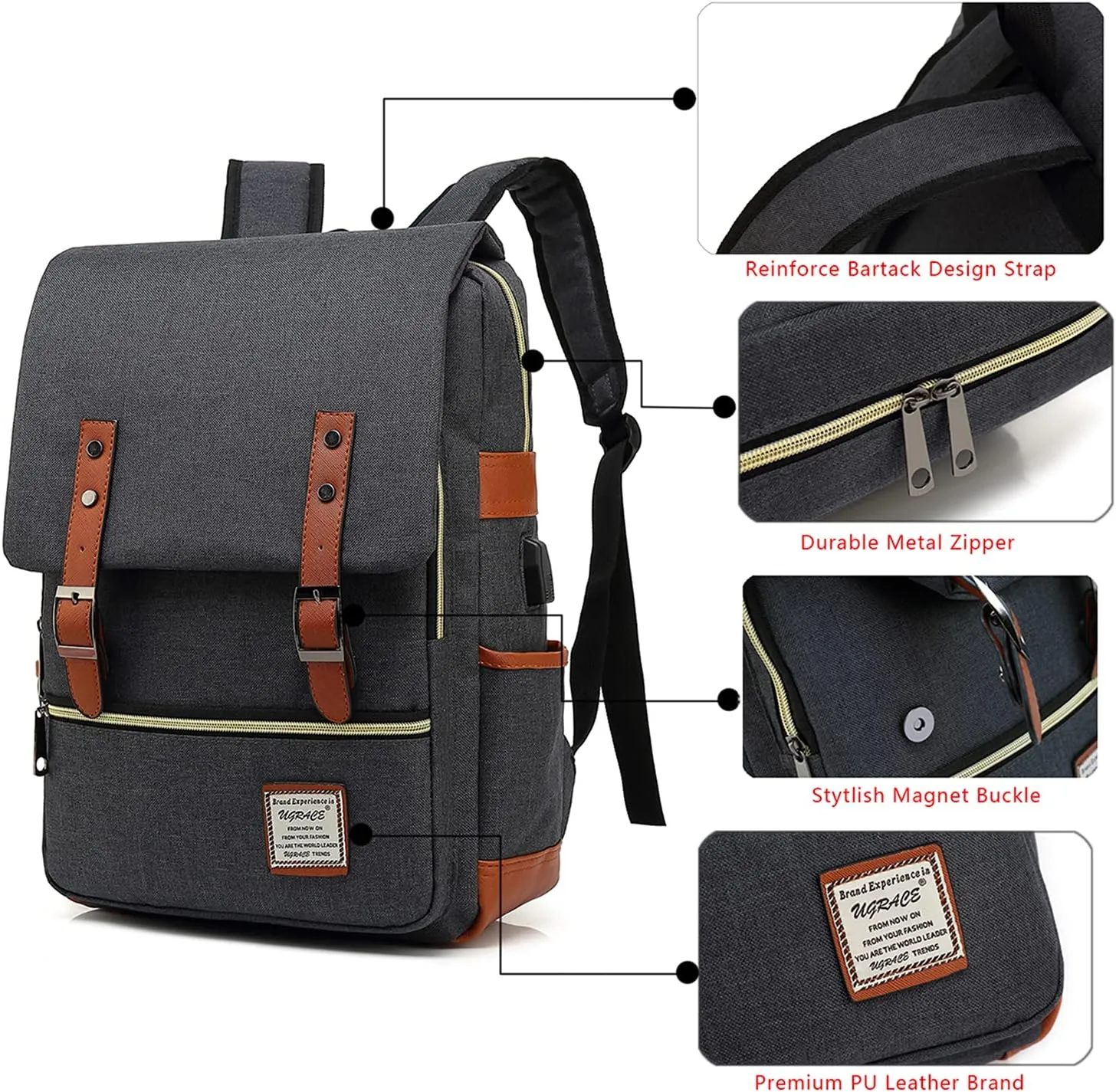 UGRACE Vintage Laptop Backpack with USB Charging Port, Elegant Water Resistant Travelling Casual Daypacks College Shoulder Bag for Men Women, Fits up to 15.6Inch Laptop in Black