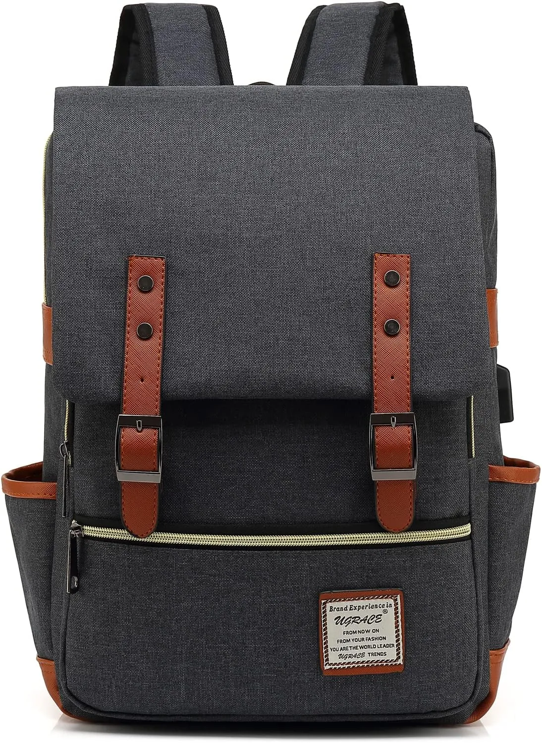 UGRACE Vintage Laptop Backpack with USB Charging Port, Elegant Water Resistant Travelling Casual Daypacks College Shoulder Bag for Men Women, Fits up to 15.6Inch Laptop in Black