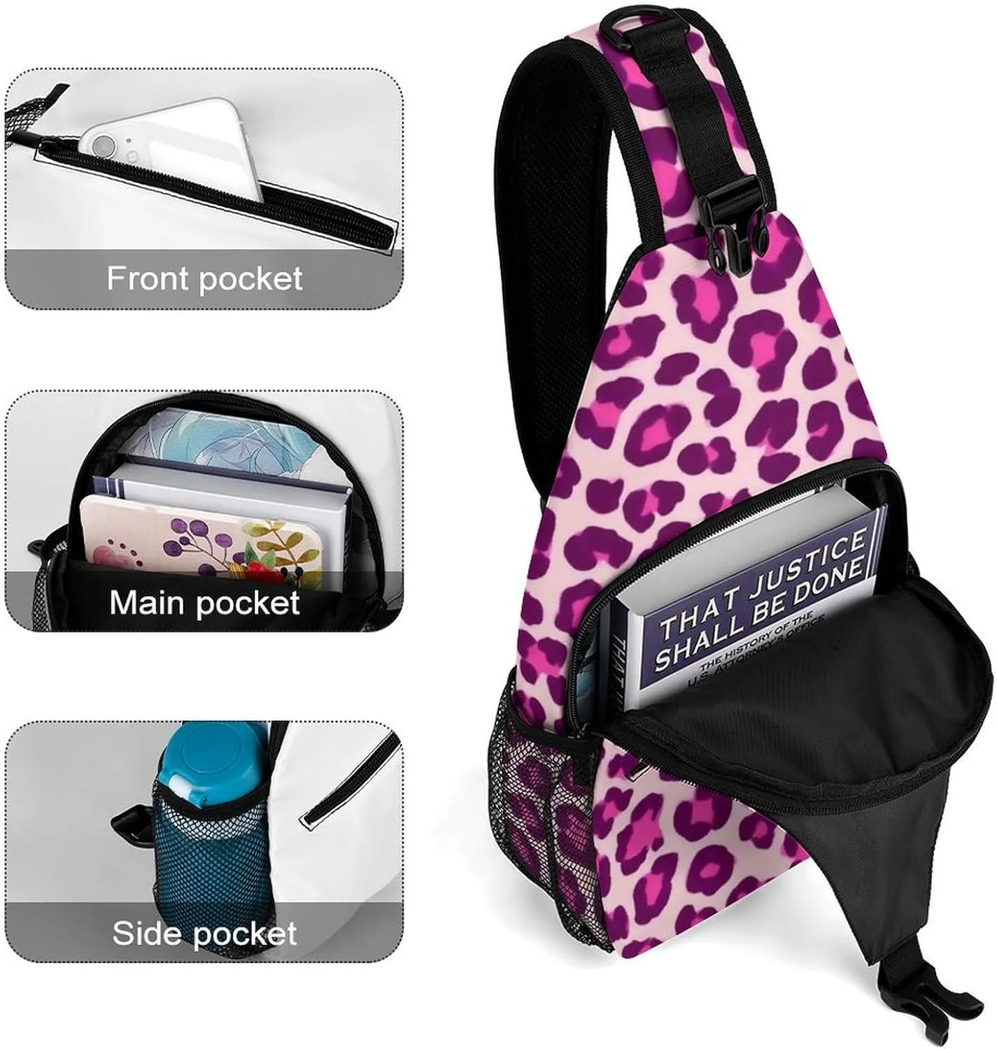 Ultra Lightweight Sling Shoulder Backpack Crossbody Daypacks Chest Shoulder Packs Multipurpose Anti-Theft Bag for Hiking Cycling Walking Dog, Cheetah Leopard Print Floral Pink