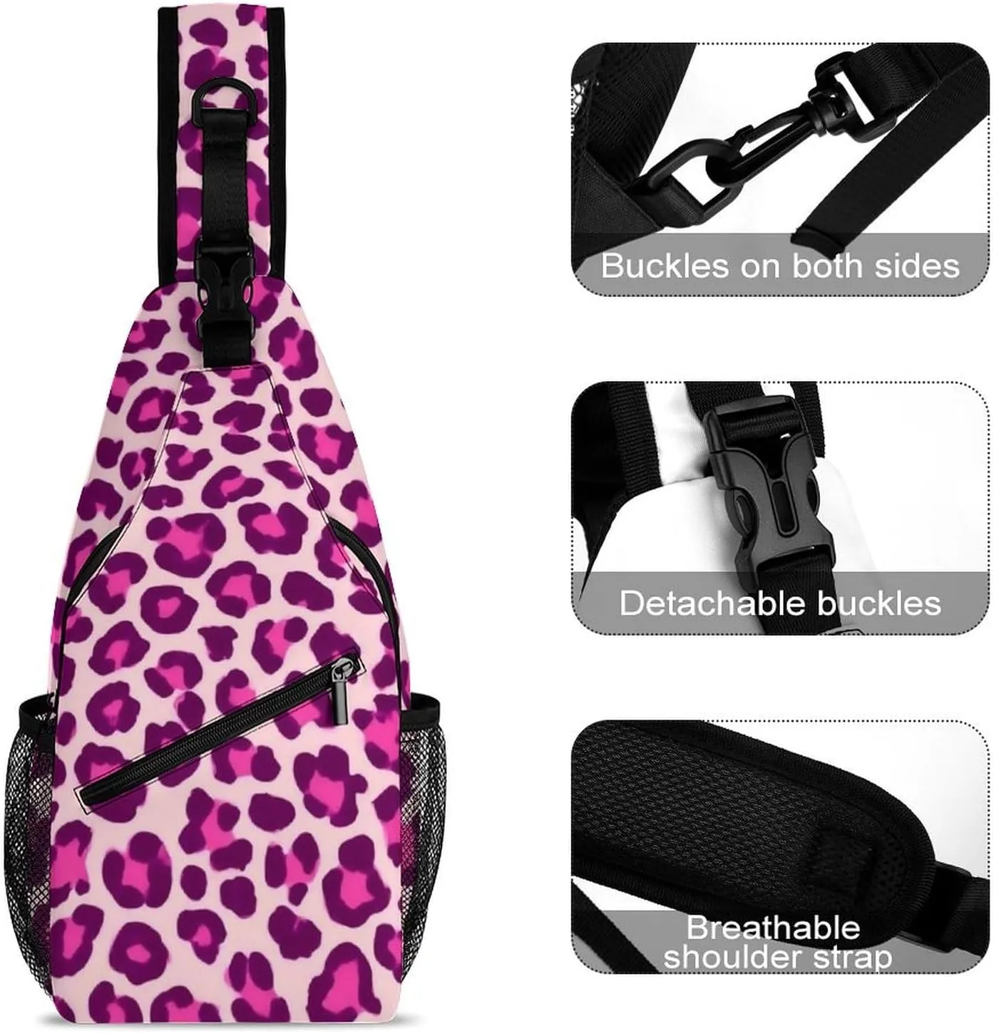 Ultra Lightweight Sling Shoulder Backpack Crossbody Daypacks Chest Shoulder Packs Multipurpose Anti-Theft Bag for Hiking Cycling Walking Dog, Cheetah Leopard Print Floral Pink