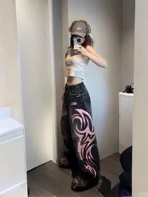Unisex Y2K Streetwear Baggy Jeans Retro Totem Print Goth Pants High Waisted Wide Leg Harajuku Hip-Hop Style