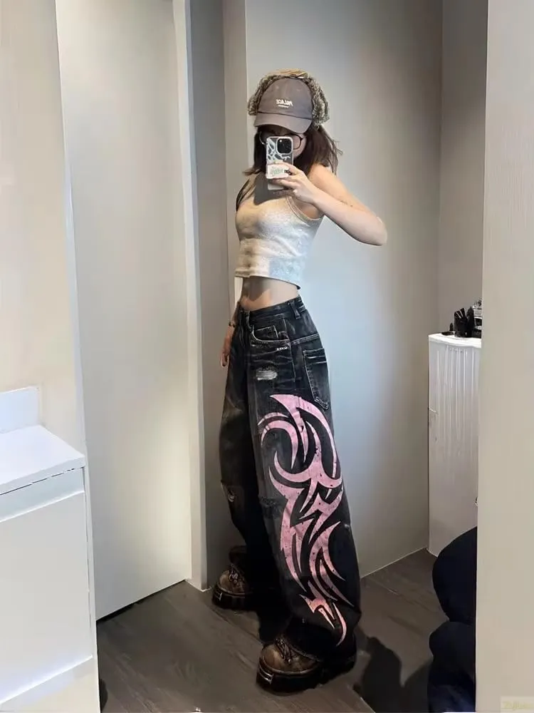 Unisex Y2K Streetwear Baggy Jeans Retro Totem Print Goth Pants High Waisted Wide Leg Harajuku Hip-Hop Style