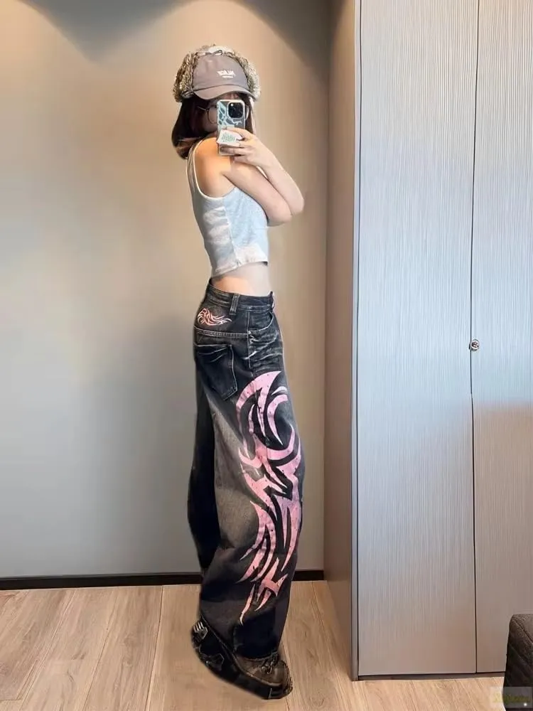 Unisex Y2K Streetwear Baggy Jeans Retro Totem Print Goth Pants High Waisted Wide Leg Harajuku Hip-Hop Style