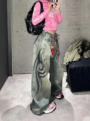 Unisex Y2K Streetwear Baggy Jeans Retro Totem Print Goth Pants High Waisted Wide Leg Harajuku Hip-Hop Style