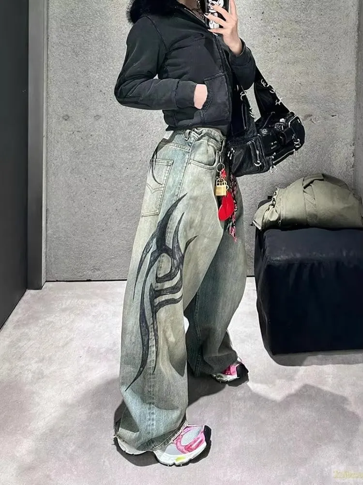 Unisex Y2K Streetwear Baggy Jeans Retro Totem Print Goth Pants High Waisted Wide Leg Harajuku Hip-Hop Style