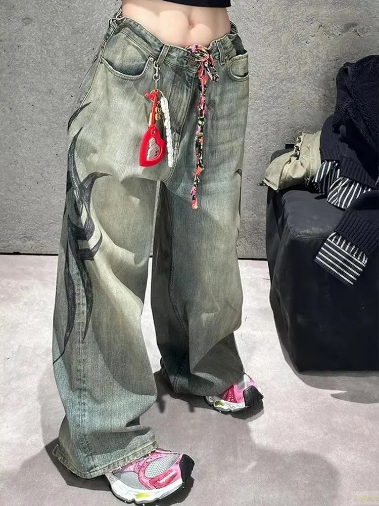Unisex Y2K Streetwear Baggy Jeans Retro Totem Print Goth Pants High Waisted Wide Leg Harajuku Hip-Hop Style