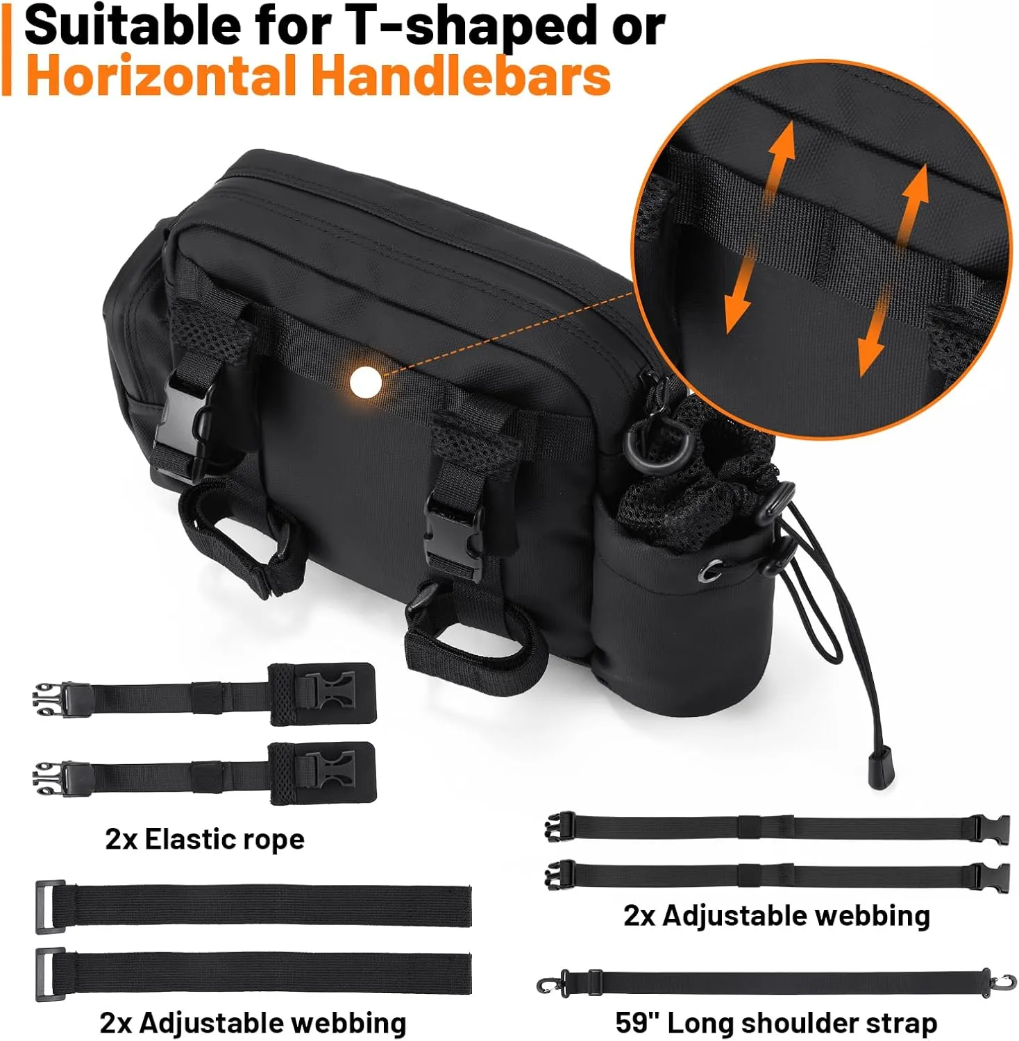 Universal 1800D Motorcycle Handlebar Bag Water-resistant Sissy Bar Bag Reflective Black Front Fork Storage Accessory Bag Fit For Motorbike Cruiser Softail Dyna Sportsters Dirt Bike Bicycle