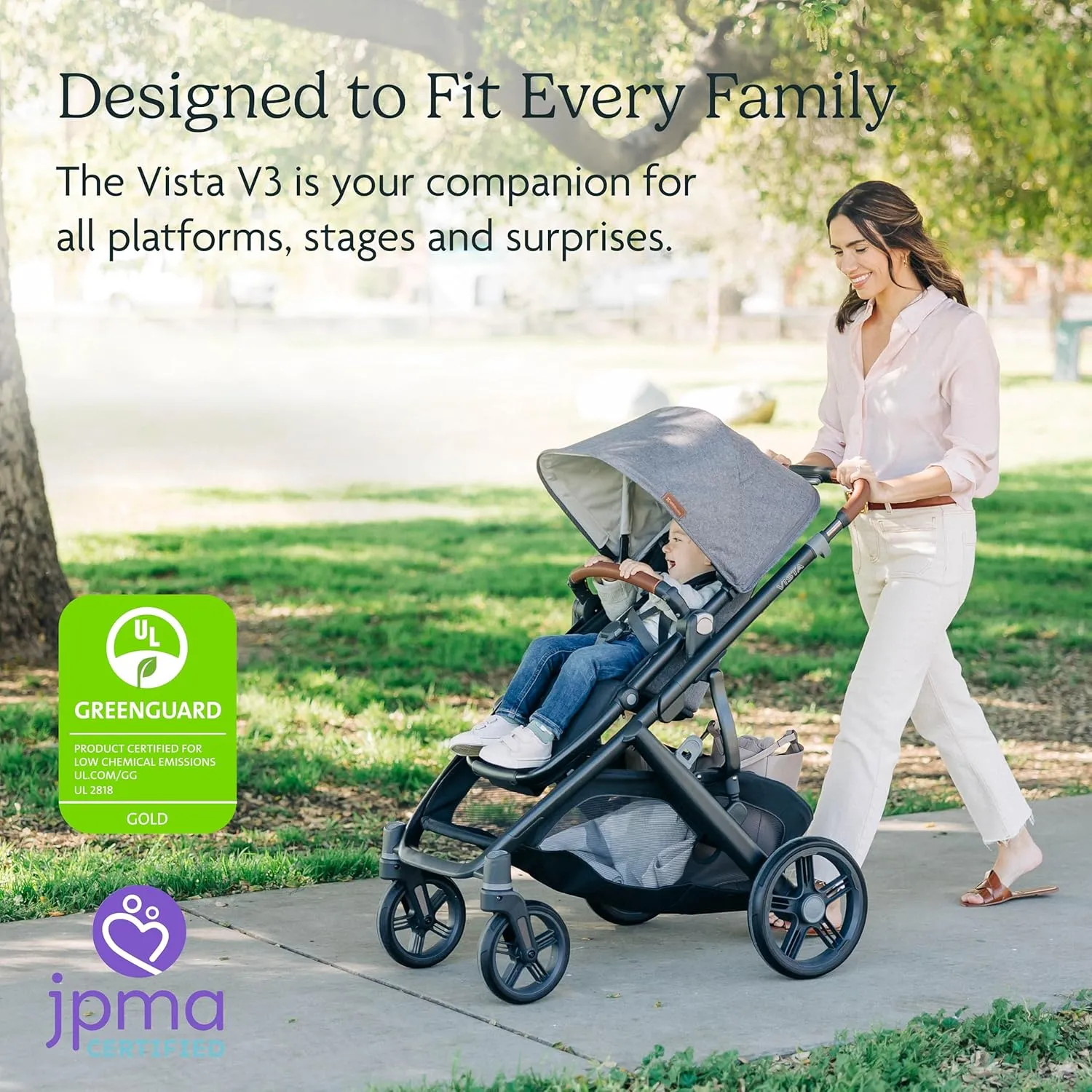 UPPAbaby Vista V3 Stroller - Full-Size Single-to-Double Stroller System - Toddler Seat, Bug Shield, Rain Shield, and Storage Bag Included - Noa (Navy/Carbon Frame/Saddle Leather)