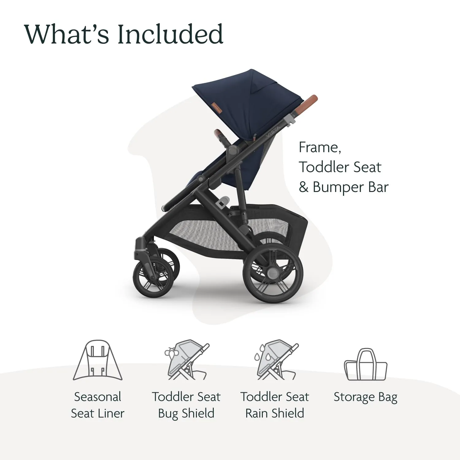 UPPAbaby Vista V3 Stroller - Full-Size Single-to-Double Stroller System - Toddler Seat, Bug Shield, Rain Shield, and Storage Bag Included - Noa (Navy/Carbon Frame/Saddle Leather)