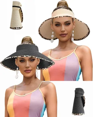 UV Protection Straw Sun Hat Visor Beach Hat Wide Brim Leopard Print Roll up Packable for Women