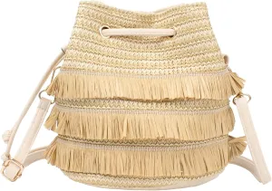Van Caro Handwoven Cotton Straw Shoulder Bag Crochet Tassel Beach Bohemian Purse for Women