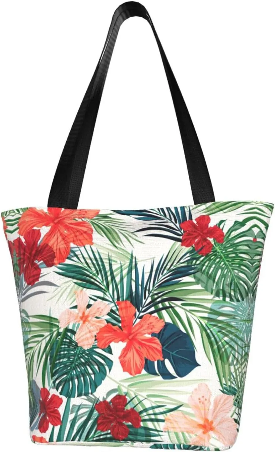 Vegetation Leaves with Hibiscus Flowers Print Multifunctional Tote Daypacks for Women Work Travel Shopping Handbags Shoulder Bag