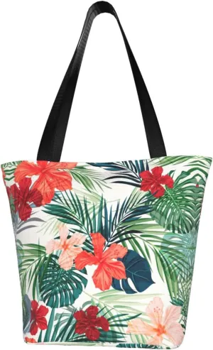Vegetation Leaves with Hibiscus Flowers Print Multifunctional Tote Daypacks for Women Work Travel Shopping Handbags Shoulder Bag