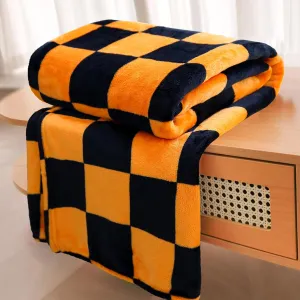 Vessia Throw Blanket Checkerboard Black and Orange(50x70inch), Orange Chessboard Flannel Throw for Couch,Bed,Sofa, 300GSM Soft Cozy Comfy Warm Checkered Blanket Halloween Decor for All Season