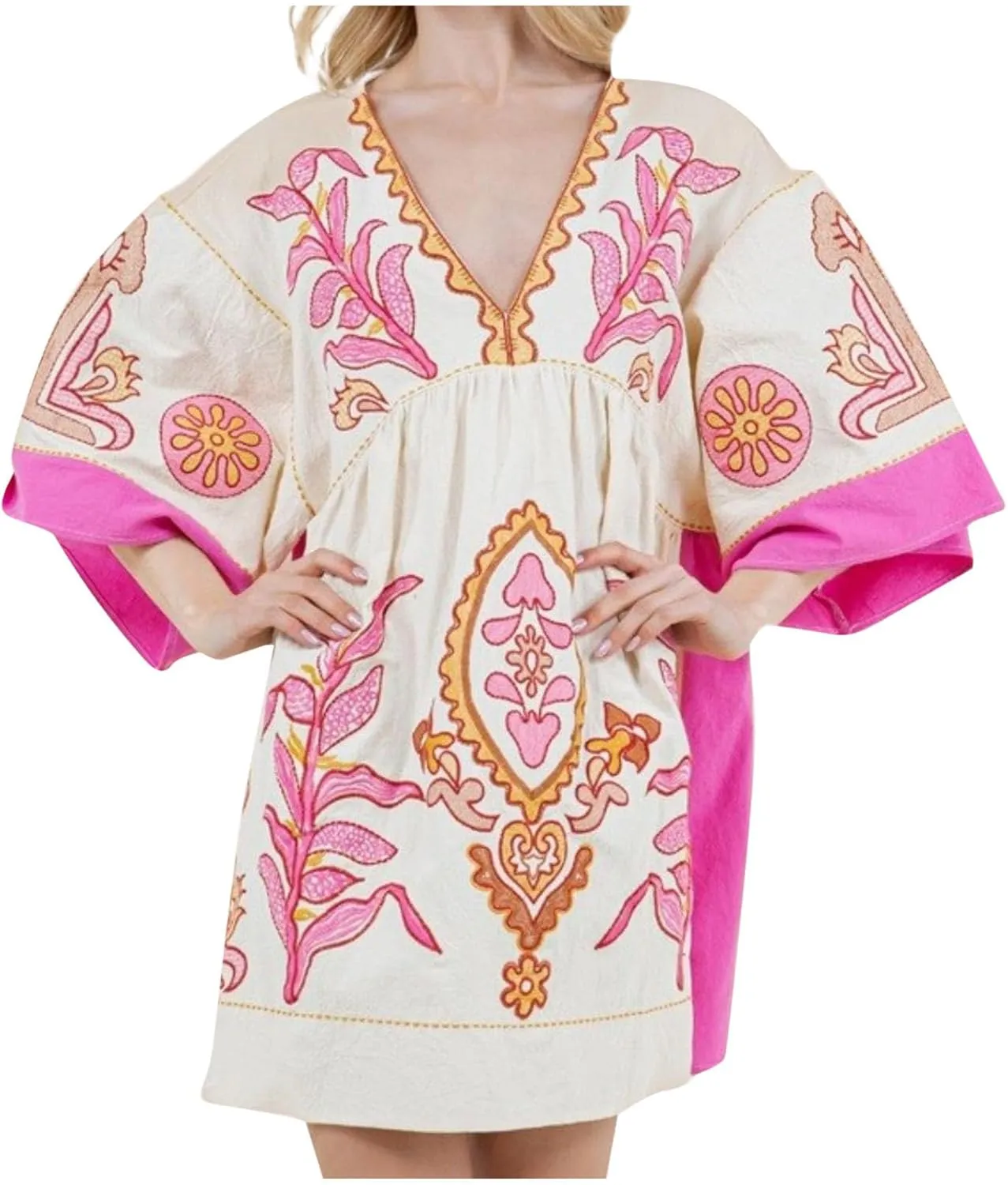 Vestidos Casuales para Mujer Womens Boho Mini Dress 2024 Fall 3/4 Sleeve V Neck Vintage Print Babydoll Dresses