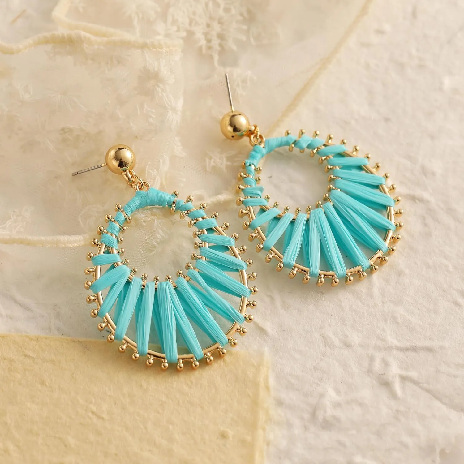 Viva Joya Boho Raffia Teardrop Earrings for Women, Large Statement Drop Dangle Earrings for Prom, Aesthetic Fashion Trendy Jewelry, Handmade Woven Beach Bridal Shower Earrings