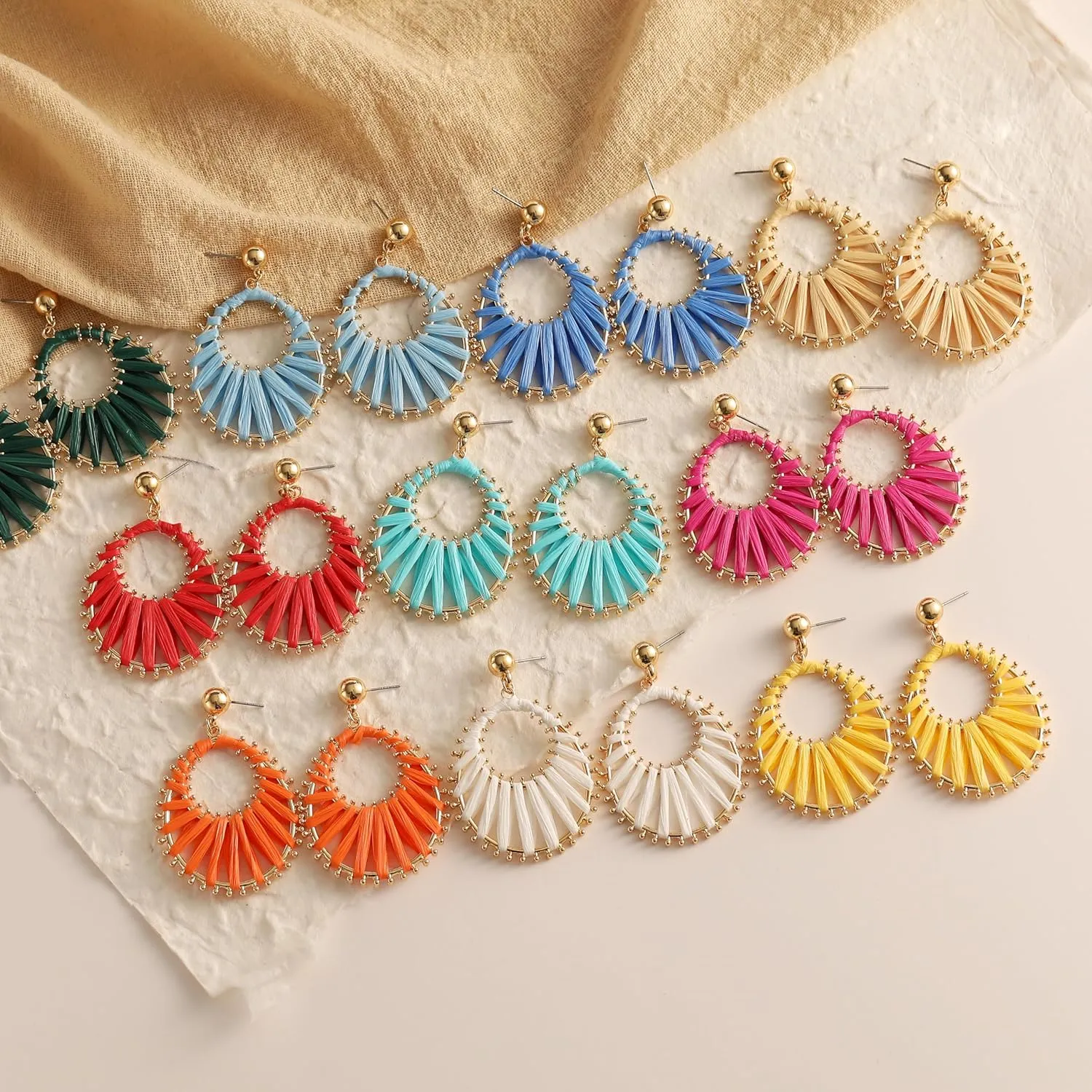 Viva Joya Boho Raffia Teardrop Earrings for Women, Large Statement Drop Dangle Earrings for Prom, Aesthetic Fashion Trendy Jewelry, Handmade Woven Beach Bridal Shower Earrings