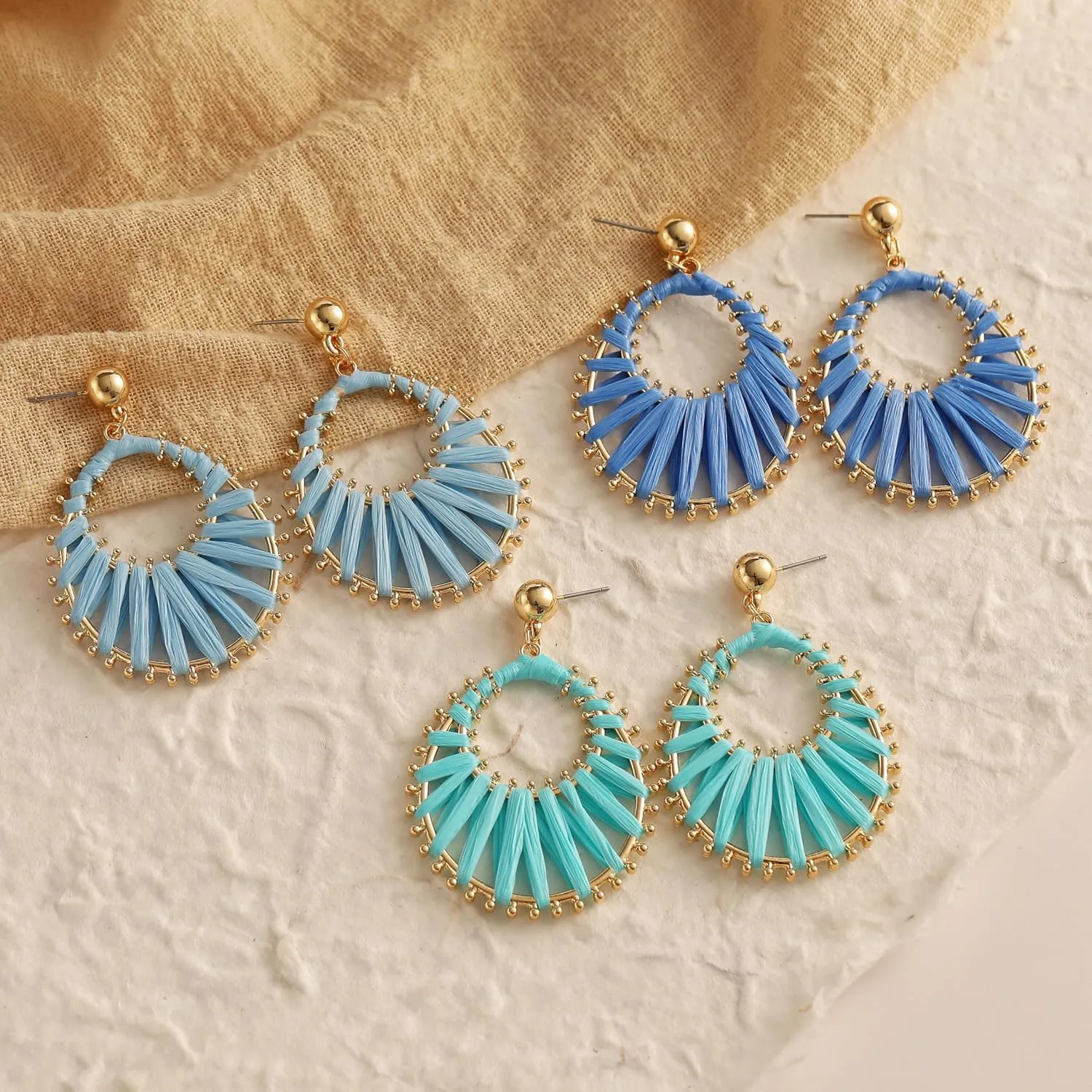 Viva Joya Boho Raffia Teardrop Earrings for Women, Large Statement Drop Dangle Earrings for Prom, Aesthetic Fashion Trendy Jewelry, Handmade Woven Beach Bridal Shower Earrings