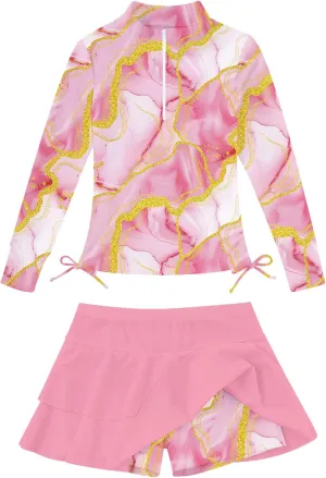 Vogseek Girls Swimsuit Two Pieces Rash Guard Bathing Suit UPF 50  Beach Swim Skirt with Shorts Swimwear 5-12T