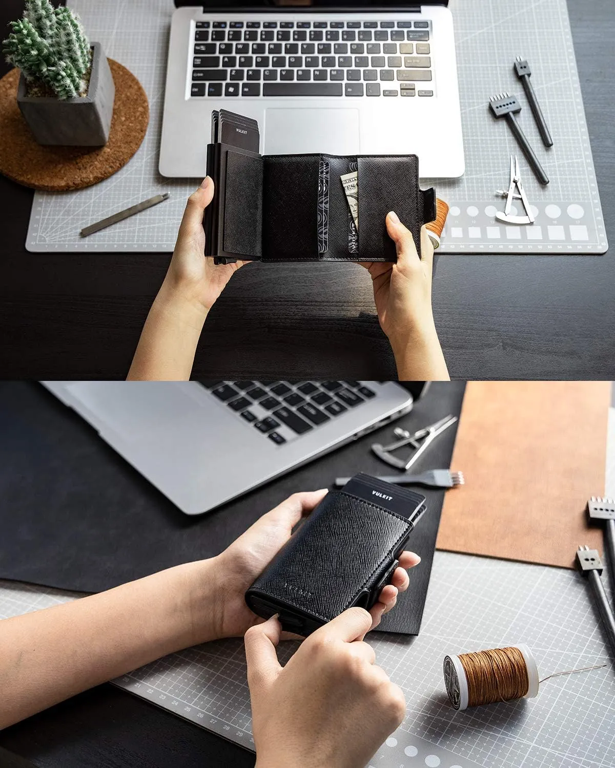 VULKIT Credit Card Holder RFID Blocking Leather Automatic Pop Up Wallet Magnetic Wallet Double Card Case for Men and Women