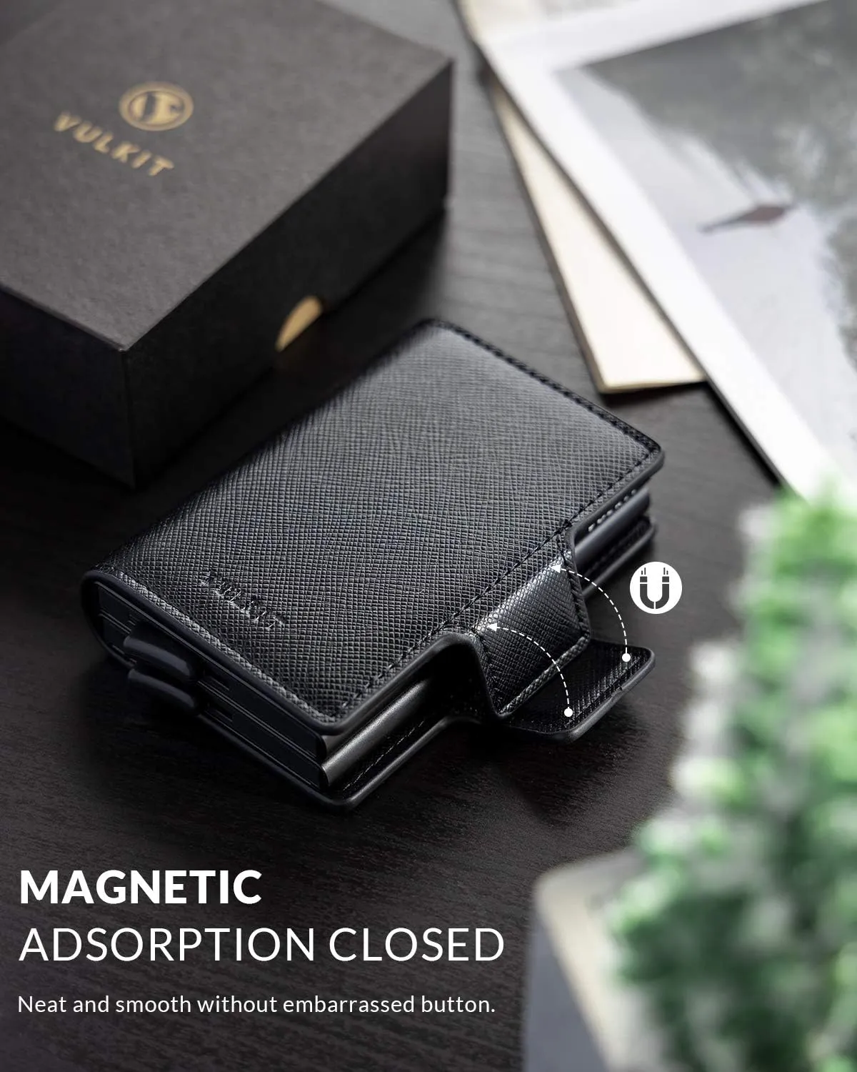 VULKIT Credit Card Holder RFID Blocking Leather Automatic Pop Up Wallet Magnetic Wallet Double Card Case for Men and Women