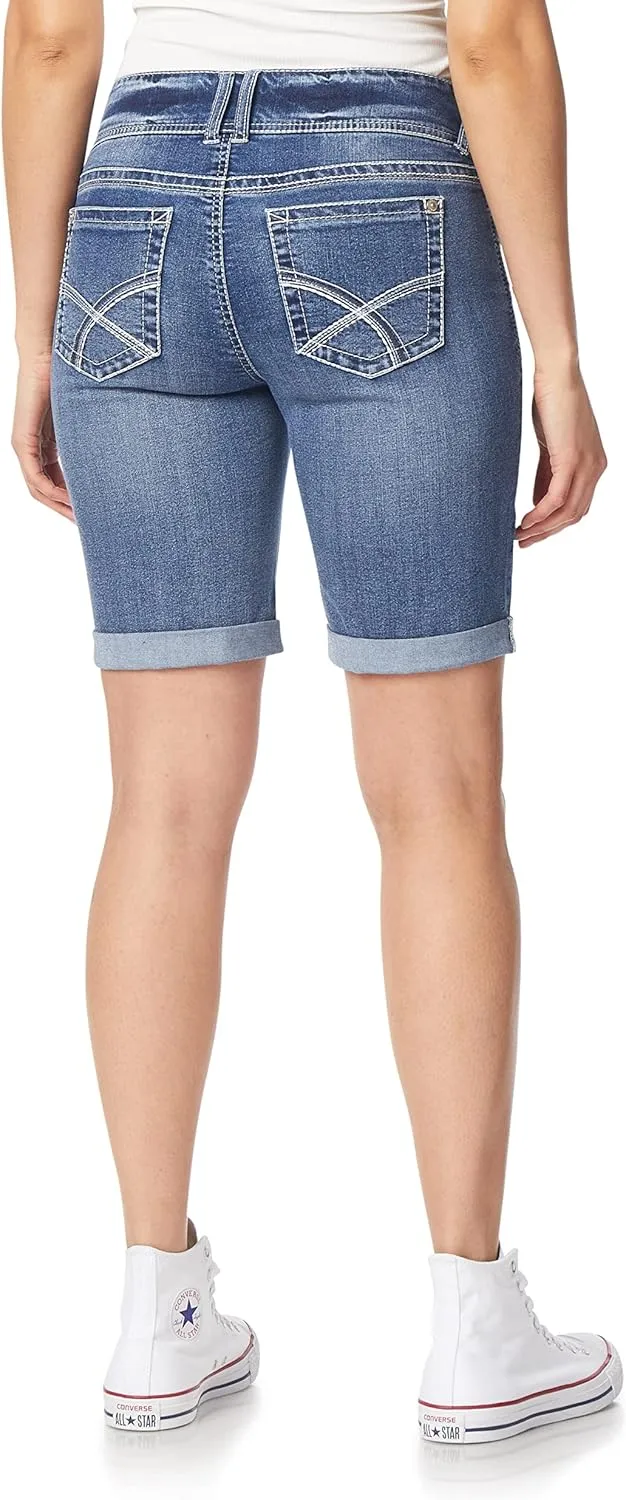 WallFlower Women's Luscious Curvy Denim Shorts Mid-Rise Bling and Belted Insta Stretch Juniors (Standard and Plus)