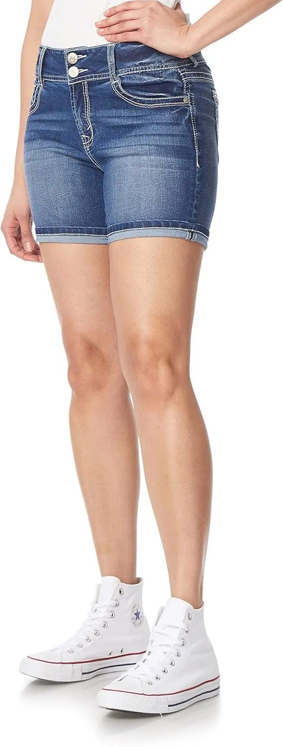 WallFlower Women's Luscious Curvy Denim Shorts Mid-Rise Bling and Belted Insta Stretch Juniors (Standard and Plus)