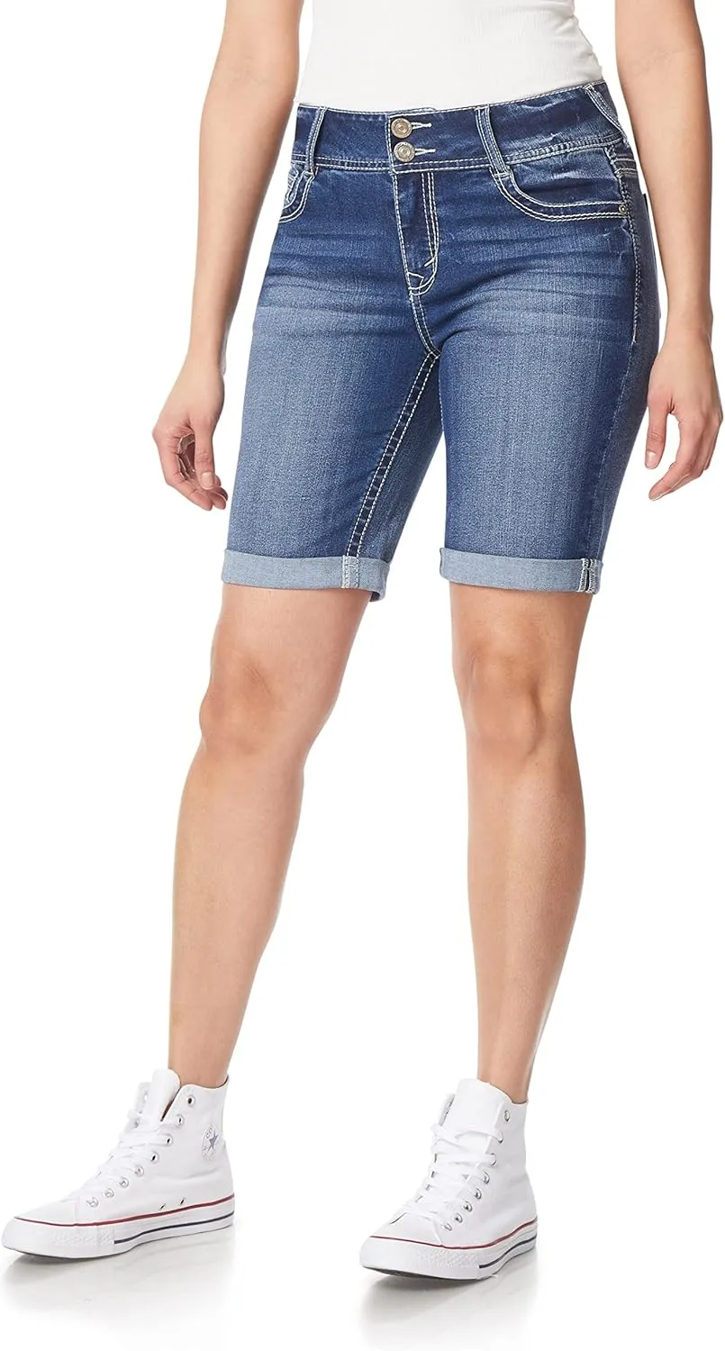 WallFlower Women's Luscious Curvy Denim Shorts Mid-Rise Bling and Belted Insta Stretch Juniors (Standard and Plus)
