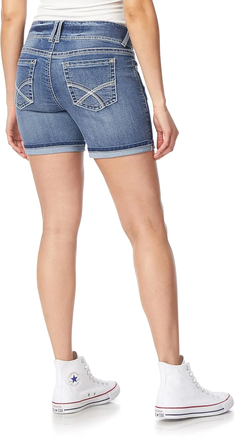 WallFlower Women's Luscious Curvy Denim Shorts Mid-Rise Bling and Belted Insta Stretch Juniors (Standard and Plus)