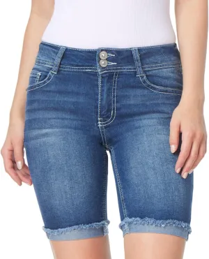 WallFlower Women's Luscious Curvy Denim Shorts Mid-Rise Bling and Belted Insta Stretch Juniors (Standard and Plus)