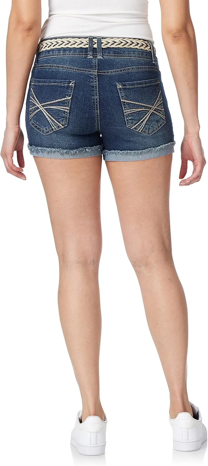 WallFlower Women's Luscious Curvy Denim Shorts Mid-Rise Bling and Belted Insta Stretch Juniors (Standard and Plus)