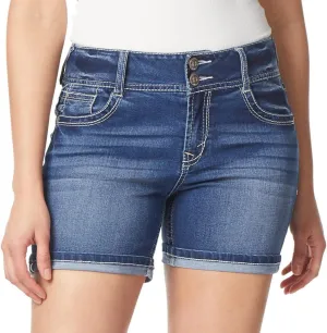 WallFlower Women's Luscious Curvy Denim Shorts Mid-Rise Bling and Belted Insta Stretch Juniors (Standard and Plus)