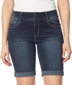WallFlower Women's Luscious Curvy Denim Shorts Mid-Rise Bling and Belted Insta Stretch Juniors (Standard and Plus)