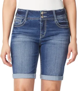 WallFlower Women's Luscious Curvy Denim Shorts Mid-Rise Bling and Belted Insta Stretch Juniors (Standard and Plus)