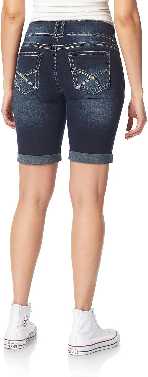 WallFlower Women's Luscious Curvy Denim Shorts Mid-Rise Bling and Belted Insta Stretch Juniors (Standard and Plus)