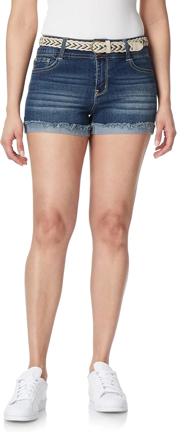 WallFlower Women's Luscious Curvy Denim Shorts Mid-Rise Bling and Belted Insta Stretch Juniors (Standard and Plus)