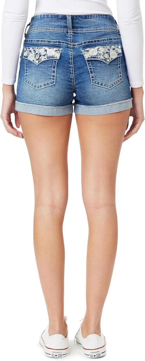 WallFlower Women's Luscious Curvy Denim Shorts Mid-Rise Bling and Belted Insta Stretch Juniors (Standard and Plus)