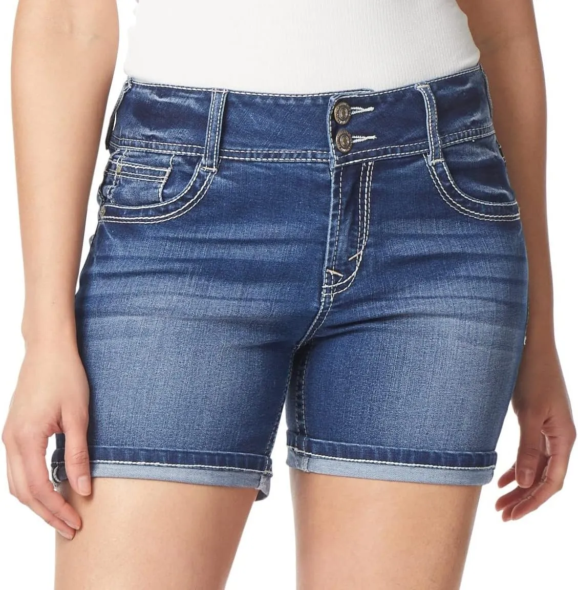 WallFlower Women's Luscious Curvy Denim Shorts Mid-Rise Bling and Belted Insta Stretch Juniors (Standard and Plus)