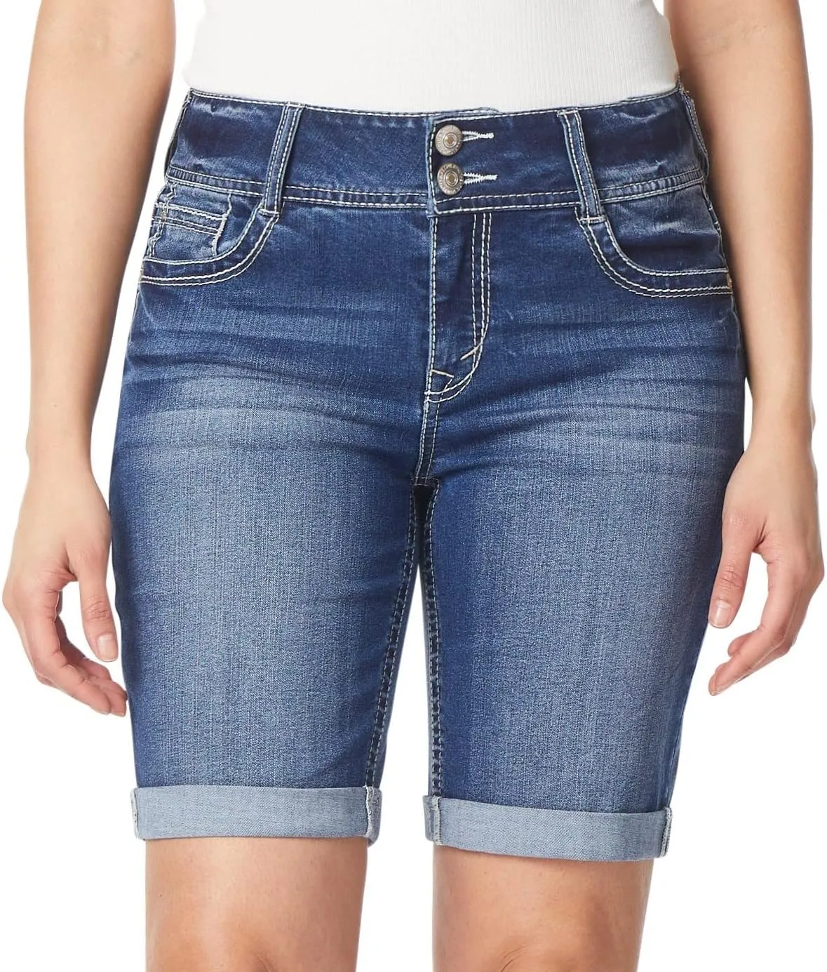 WallFlower Women's Luscious Curvy Denim Shorts Mid-Rise Bling and Belted Insta Stretch Juniors (Standard and Plus)