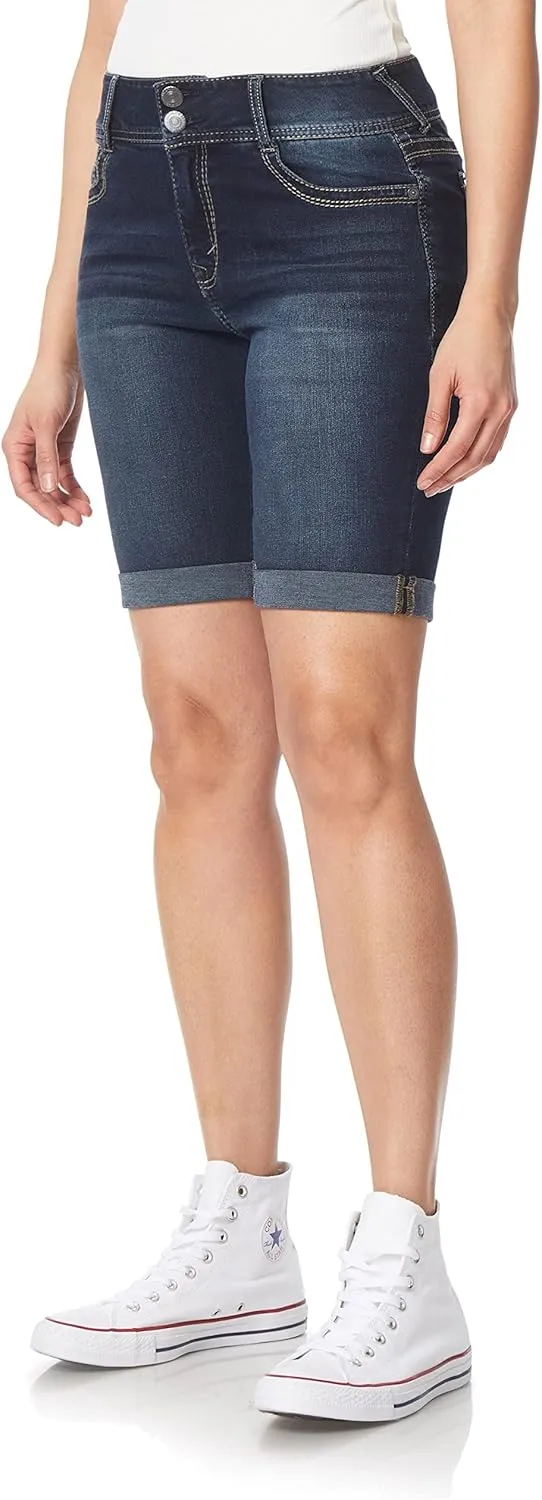 WallFlower Women's Luscious Curvy Denim Shorts Mid-Rise Bling and Belted Insta Stretch Juniors (Standard and Plus)